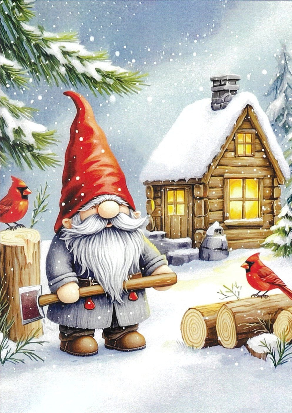 Boxed cards, Gnome chopping wood with Cardinals