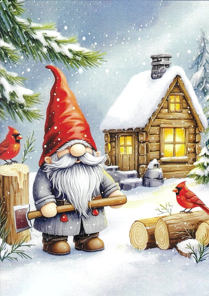 Boxed cards, Gnome chopping wood with Cardinals
