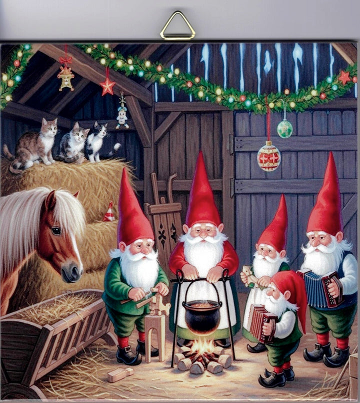 6" Ceramic Tile,  Gnomes playing accordian in the barn with horse
