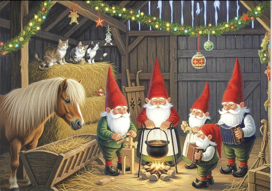 Christmas Cards Gnomes playing accordians in the barn with horse Pkg of 6