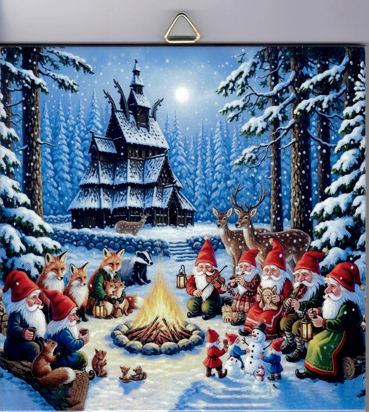 6" Ceramic Tile, Gnomes at Stave Church by the fire playing music
