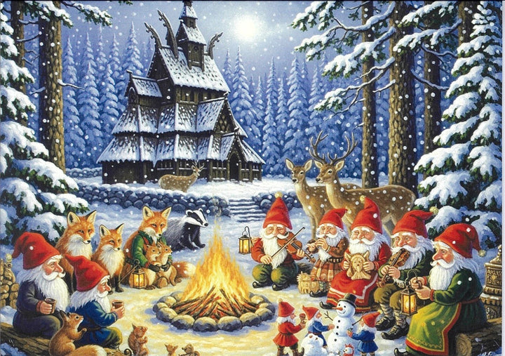 Boxed cards, Gnomes at Stave Church by the fire playing music