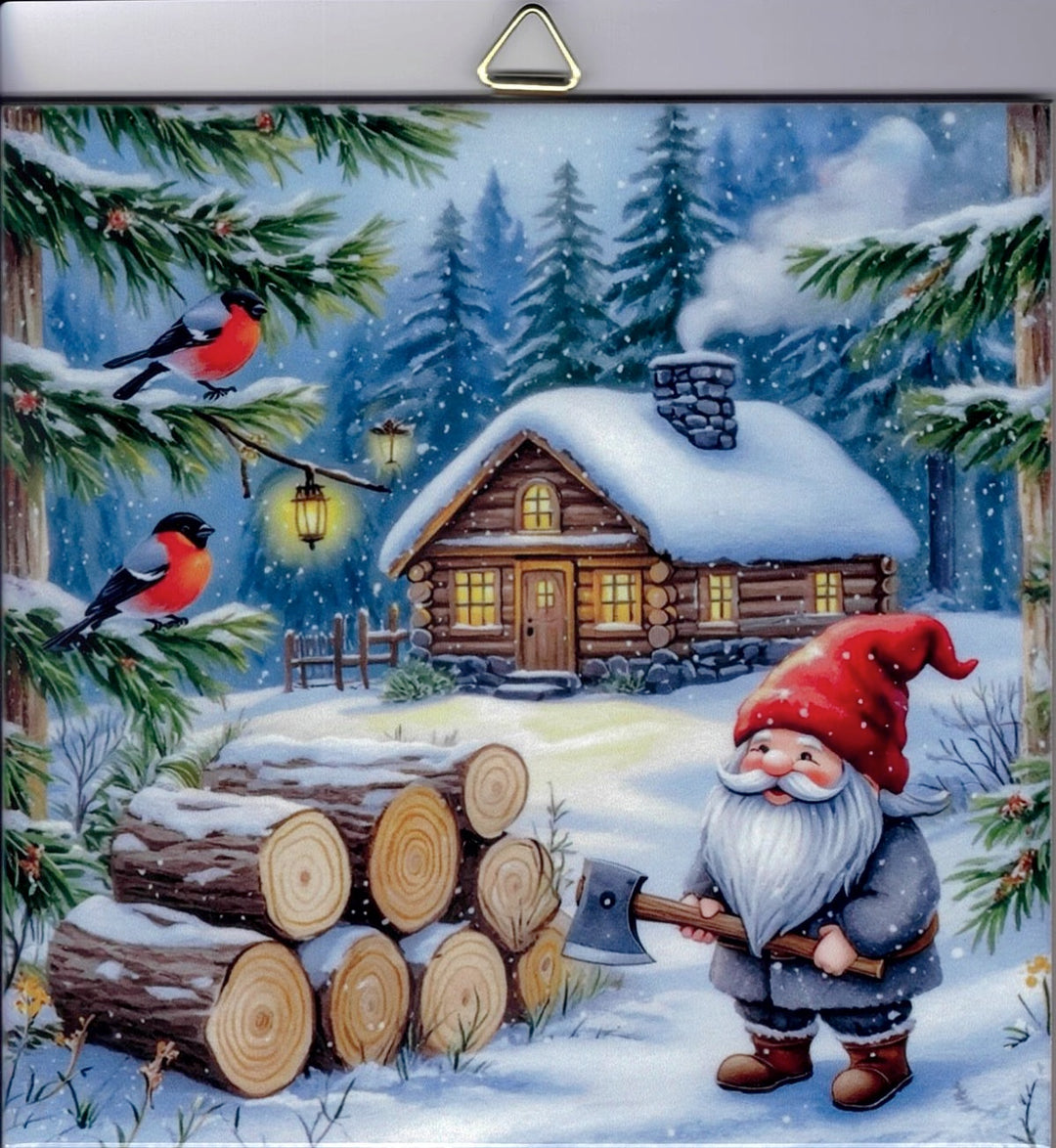 6" Ceramic Tile, Gnome chopping wood
