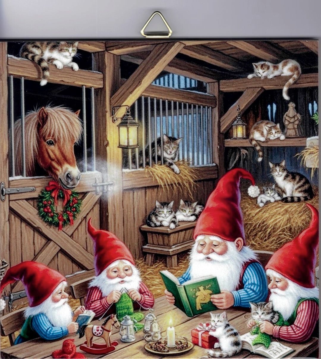 6" Ceramic Tile, Gnomes in the barn with cats & horse