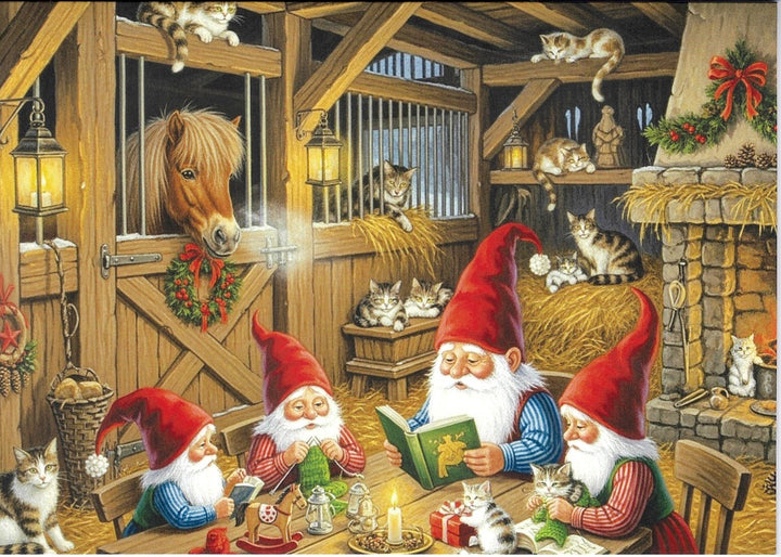 Boxed cards, Gnomes in the barn with cats & horse