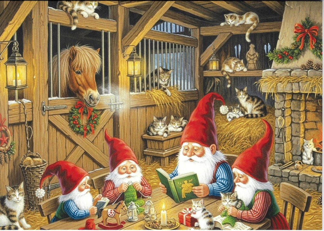 Christmas Cards Gnomes in the barn with cats & horse Pkg of 6