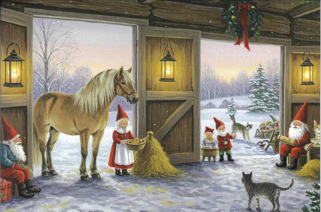 Boxed cards, Gnomes feeding horse in the barn