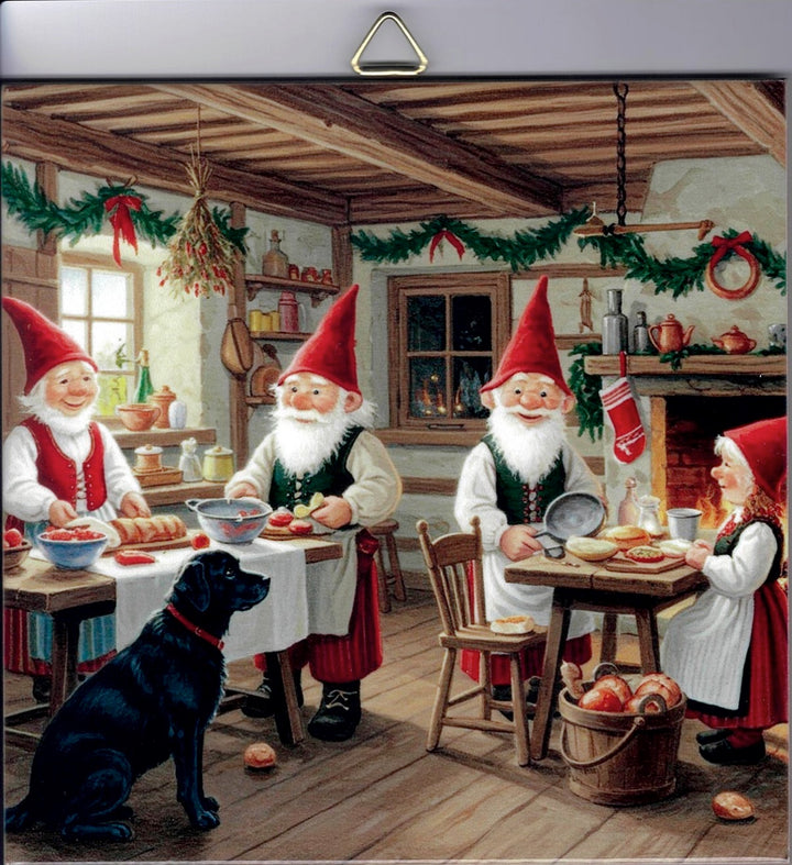 6" Ceramic Tile, Gnomes in Kitchen with Black Lab dog