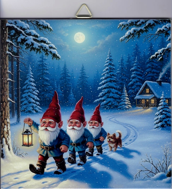 6" Ceramic Tile, Gnomes with dog at Cabin