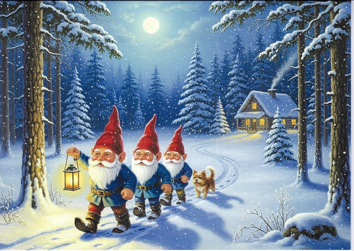 Boxed cards,  Gnomes walking with dog