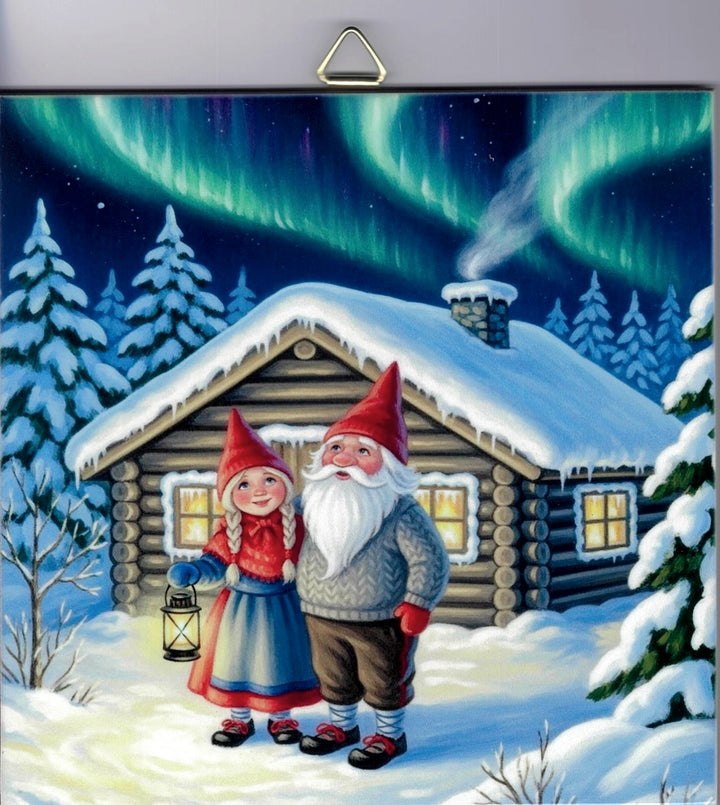 6" Ceramic Tile, Gnome couple watching Northern lights