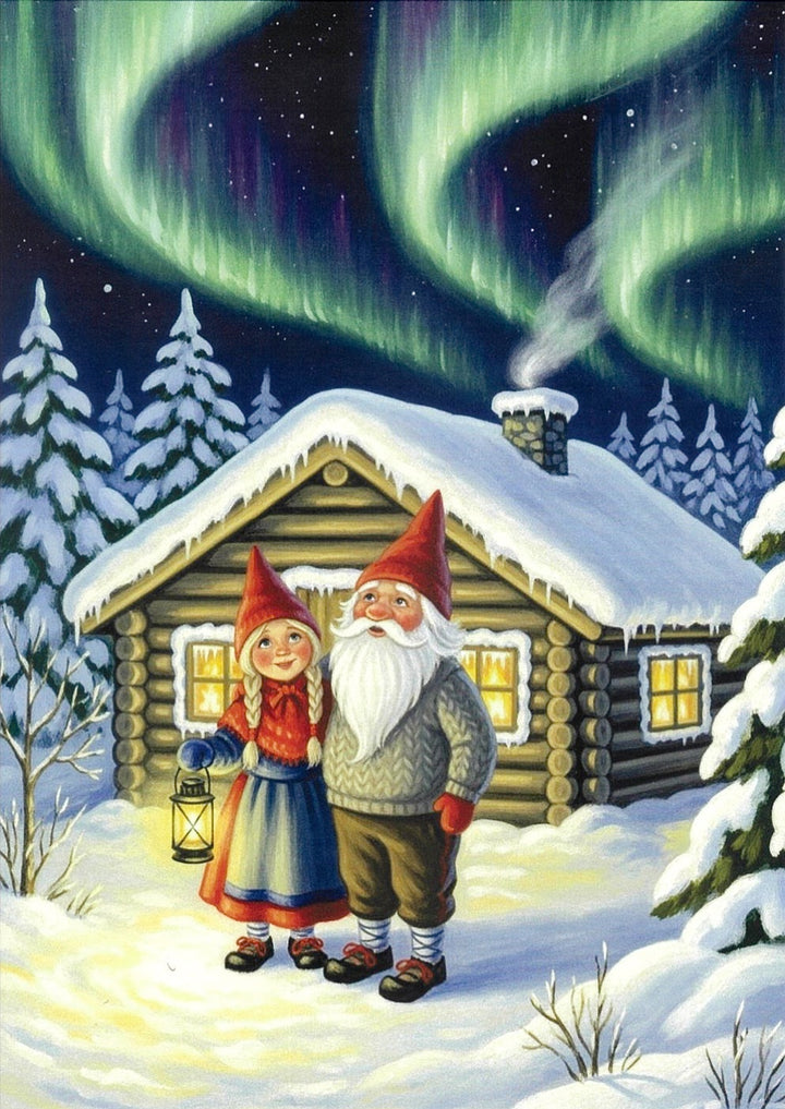 Boxed cards, Gnome couple watching Northern lights