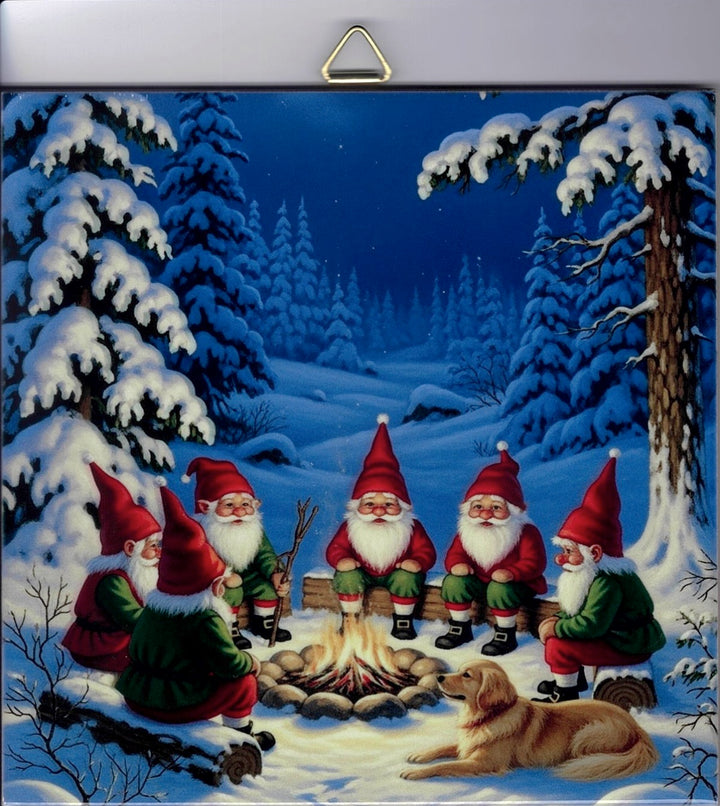 6" Ceramic Tile, Gnomes by the fire with Golden Retreiver