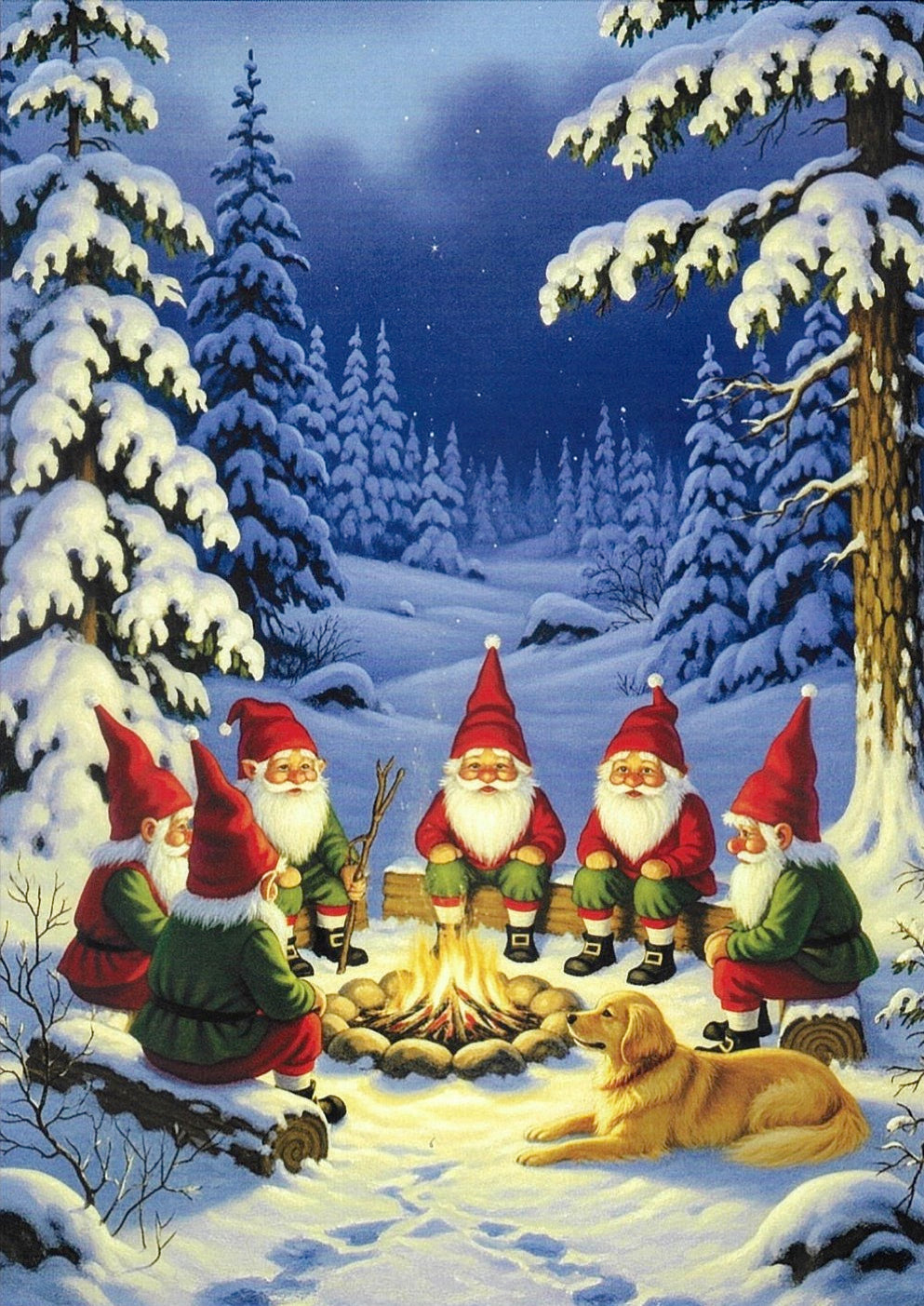 Christmas Cards Gnomes by the fire with Golden Retriever Pkg of 6