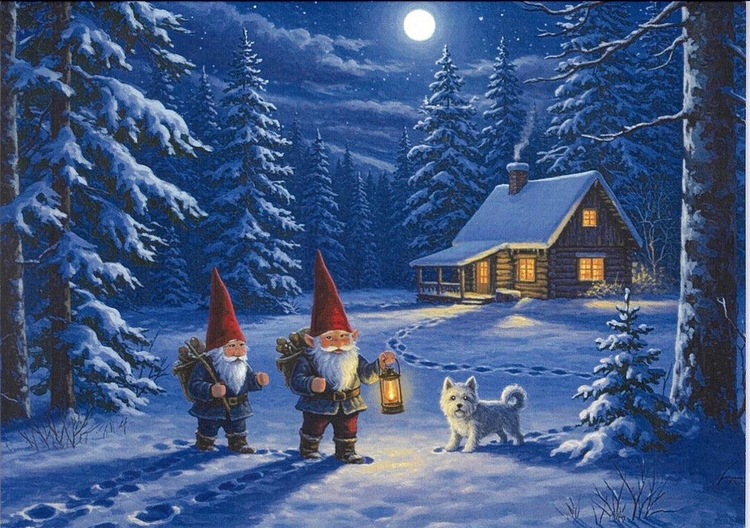 Boxed cards, Gnomes with Westie at the cabin