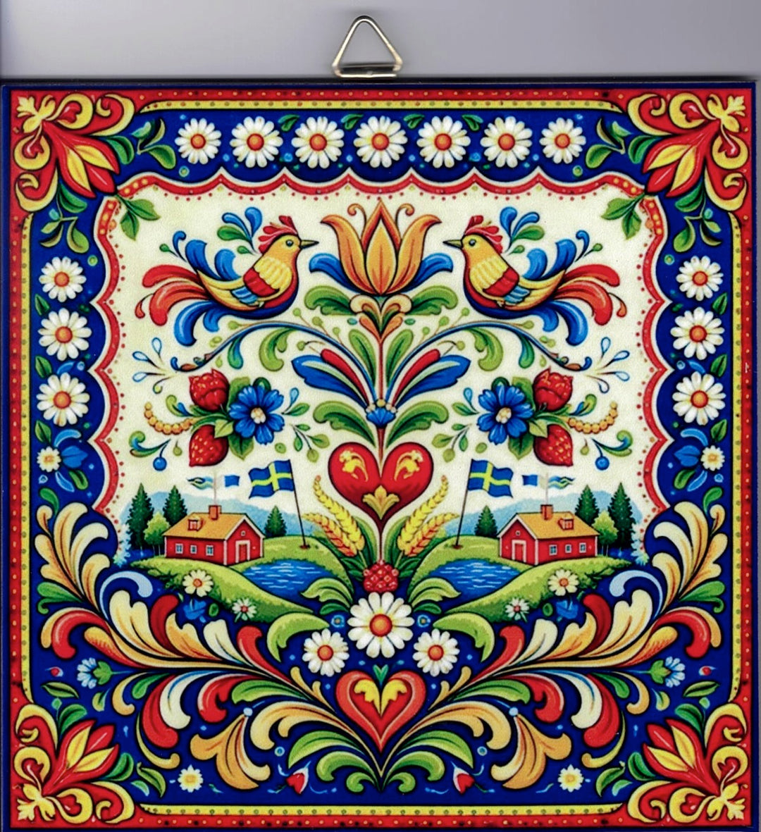 6" Ceramic Tile, Sweden house with folk art birds