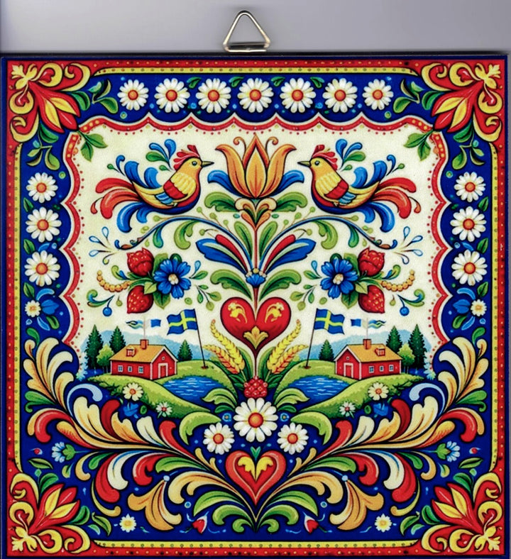 6" Ceramic Tile, Sweden house with folk art birds