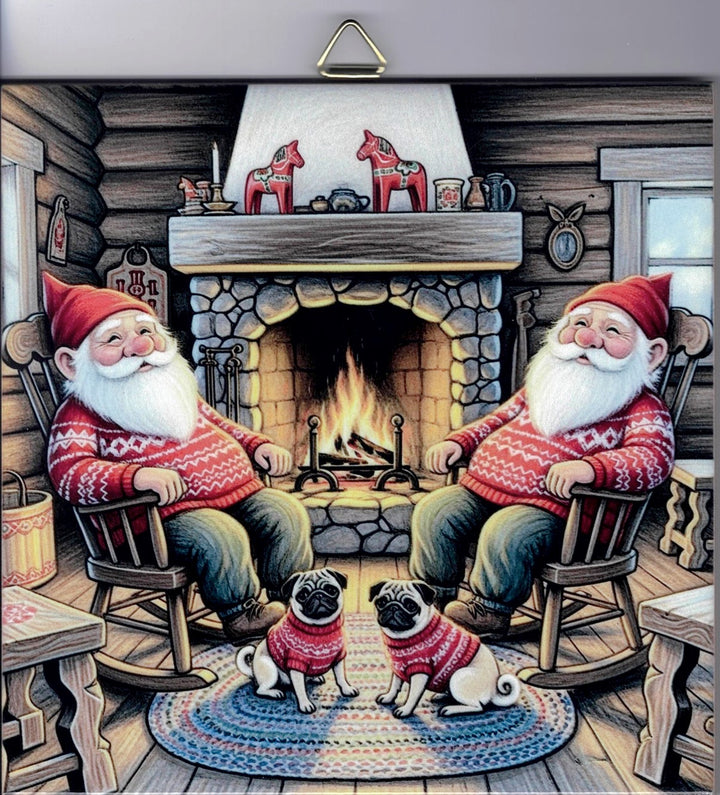 6" Ceramic Tile, Gnomes in rocking chairs by the fire with Pugs