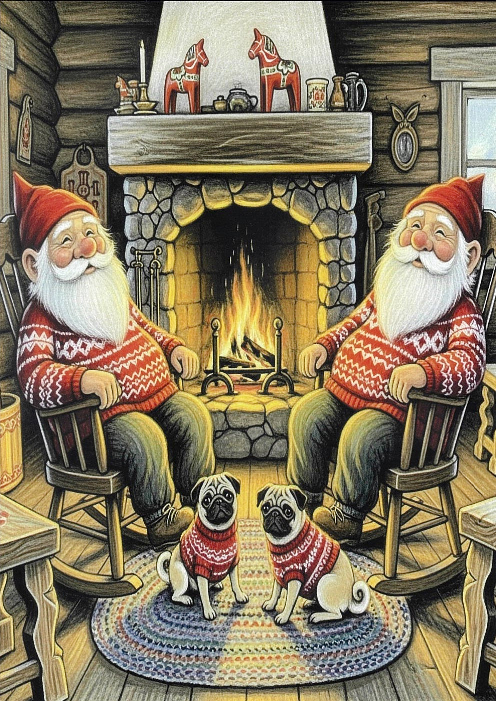 Christmas Cards Gnomes in rocking chairs by the fire with Pugs Pkg of 6