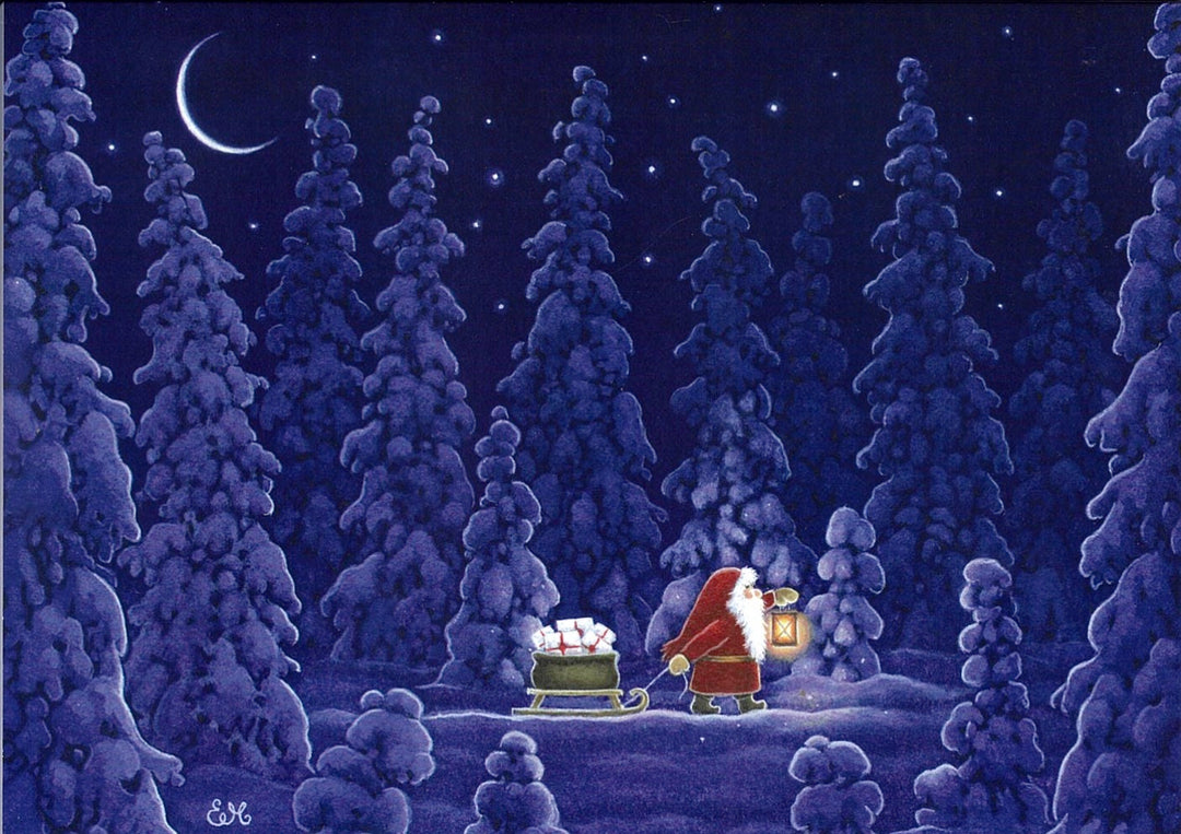 Boxed cards, Eva Melhuish Tomte with sled in the forest