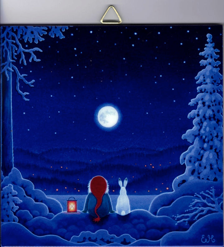 6" Ceramic Tile, Eva Melhuish Tomte & bunny in the moon light