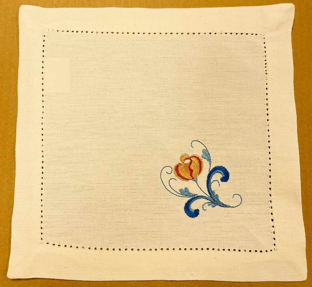 Small Square Doily Embroidered Rosemaling Flower on Cream