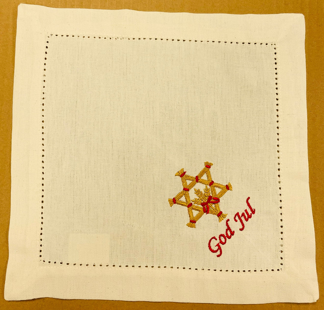 Small Square Doily Embroidered God Jul Straw Star on Cream