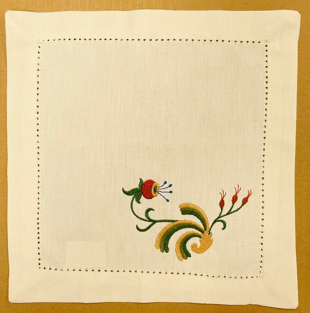 Small Square Doily Embroidered Rosemaling Flower on Cream