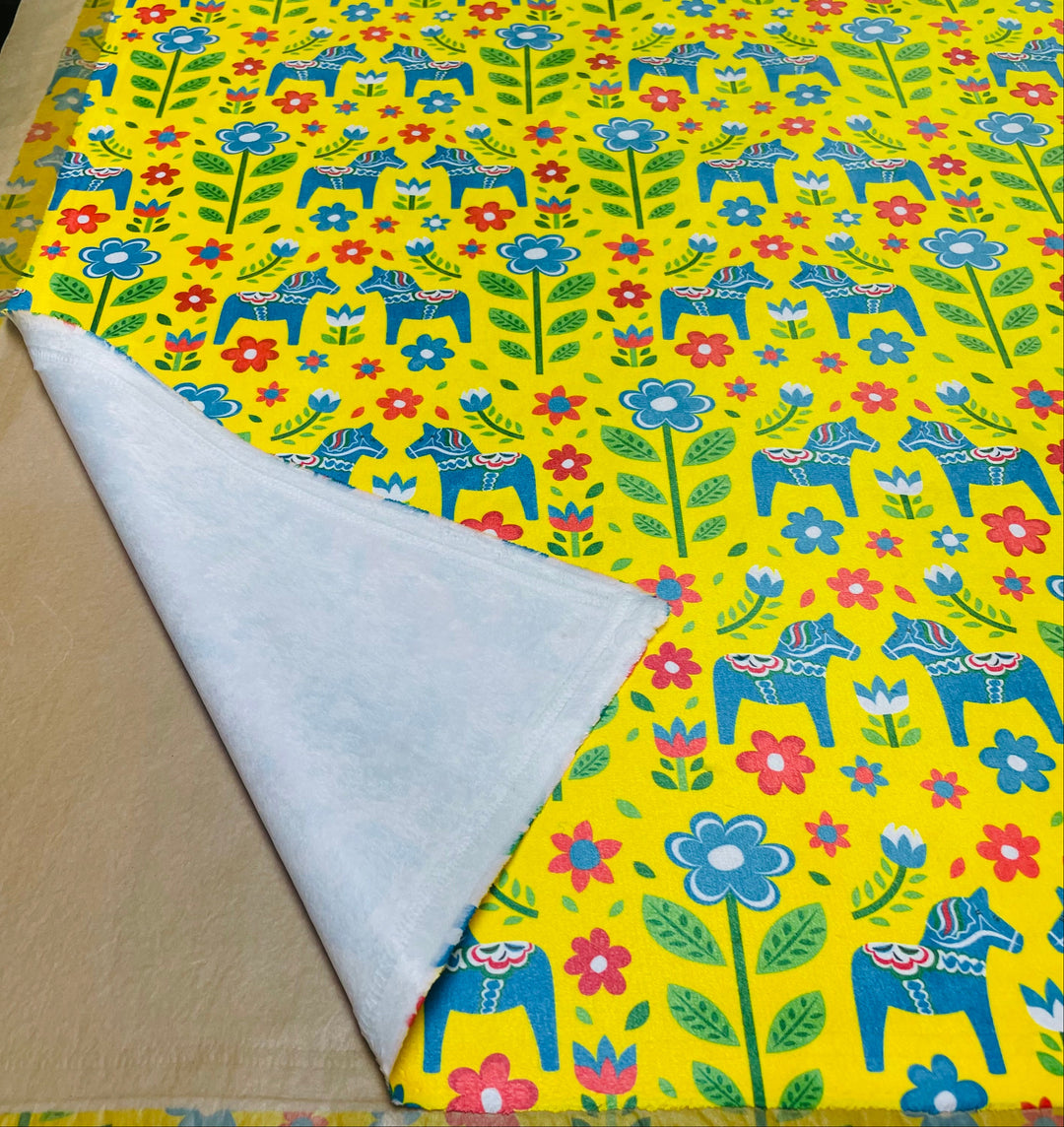 Minky Baby Blanket - Blue Dala horses & Flowers