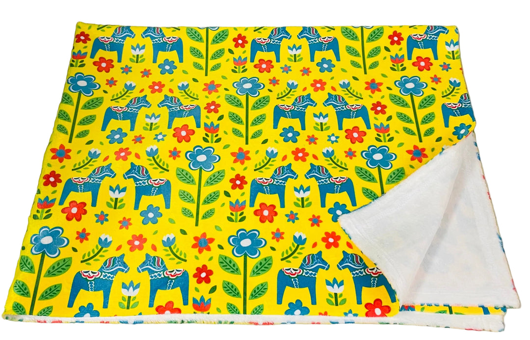 Minky Baby Blanket - Blue Dala horses & Flowers