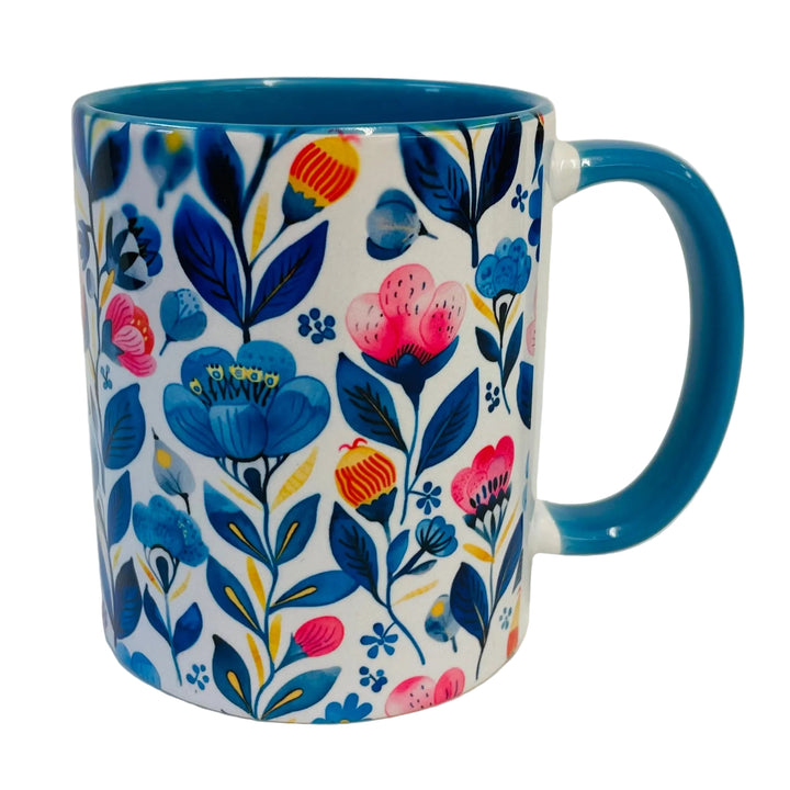 Flowers coffee mug with blue handle