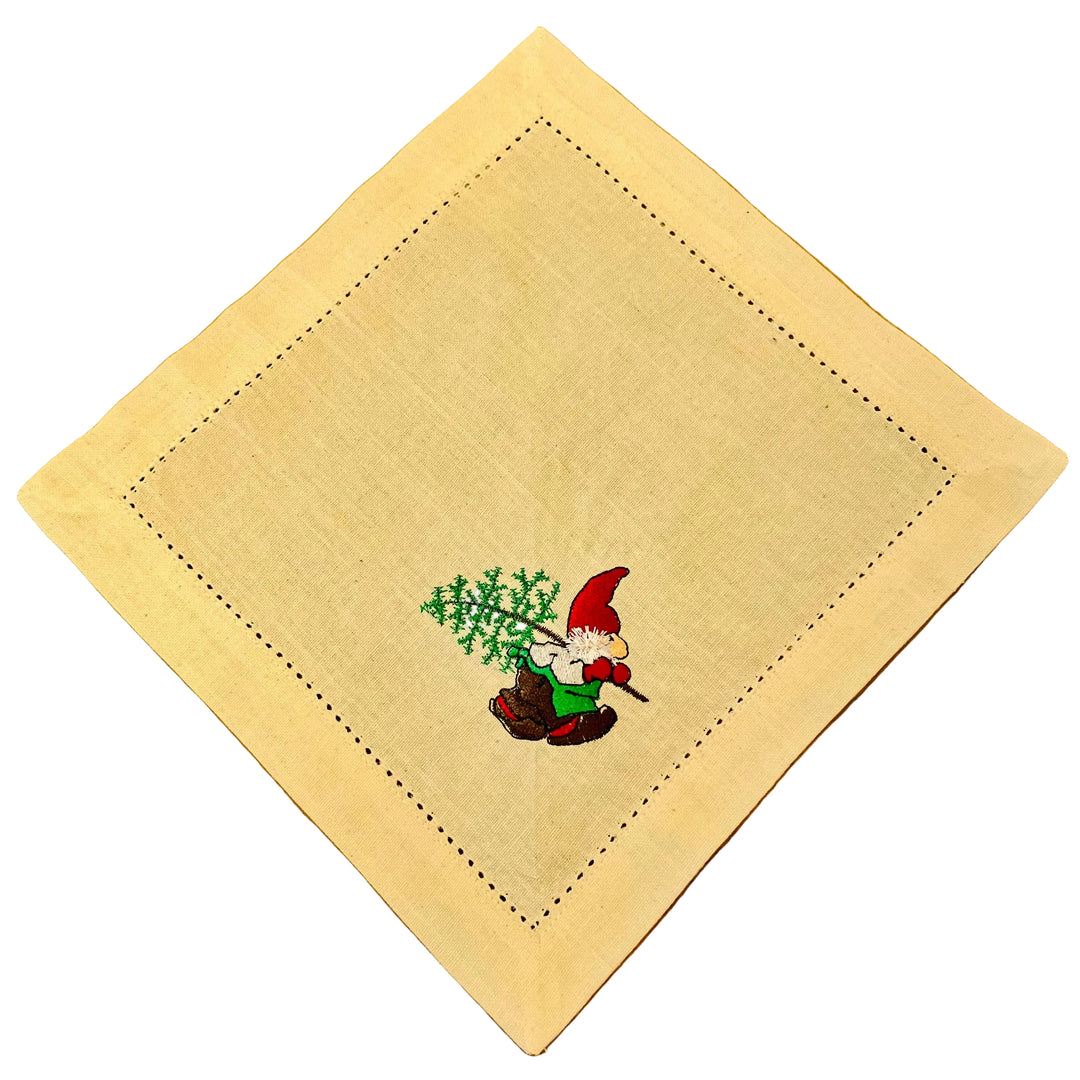 Small Square Doily Embroidered Gnome carrying Tree