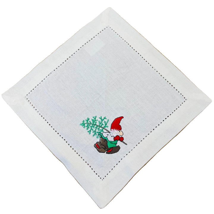 Small Square Doily Embroidered Gnome carrying Tree