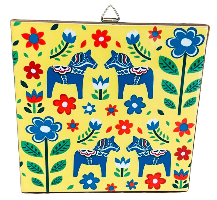 6" Ceramic tile, Dala Horses and Flowers