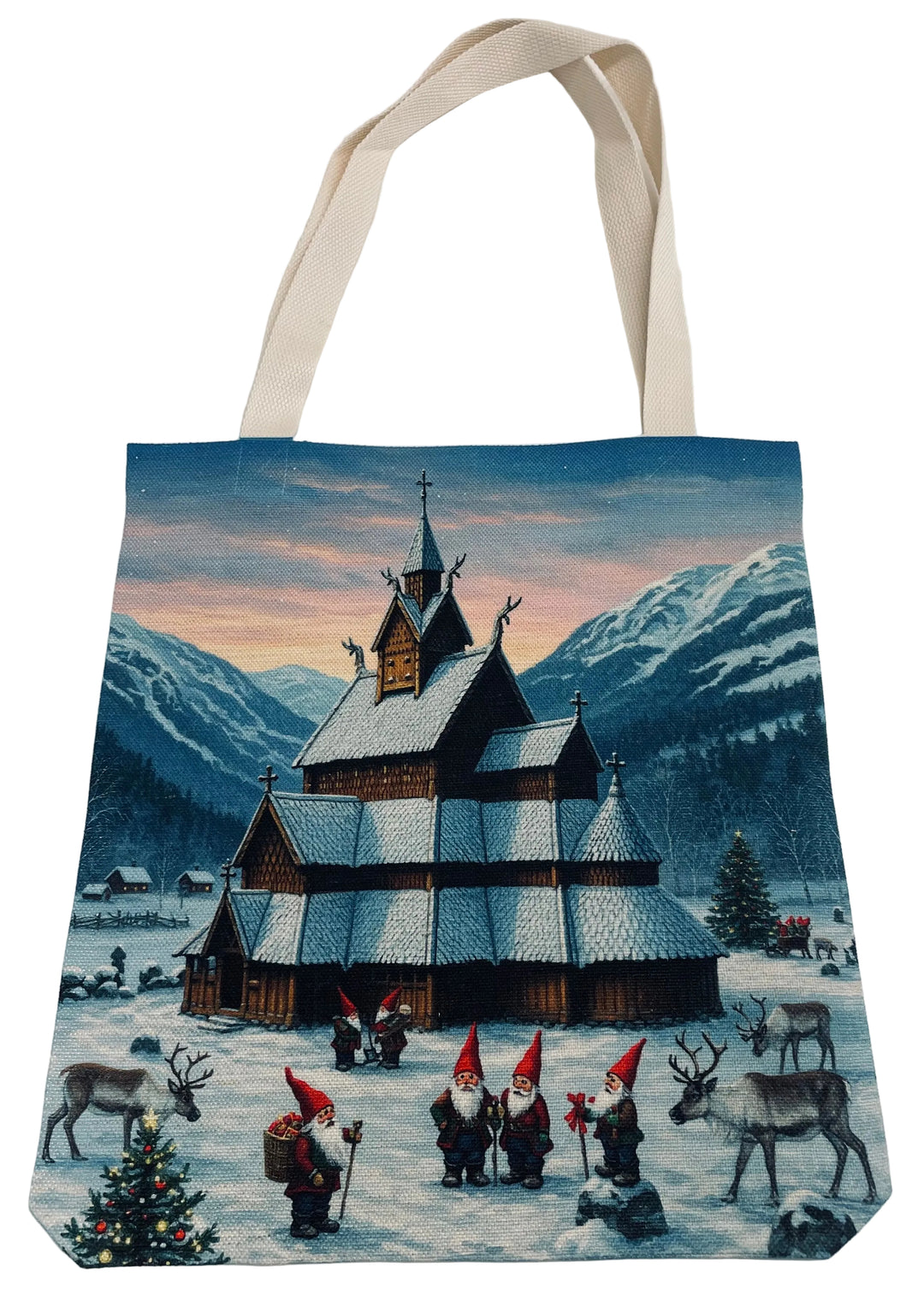 Linen look Tote bag Stave Church with Gnomes