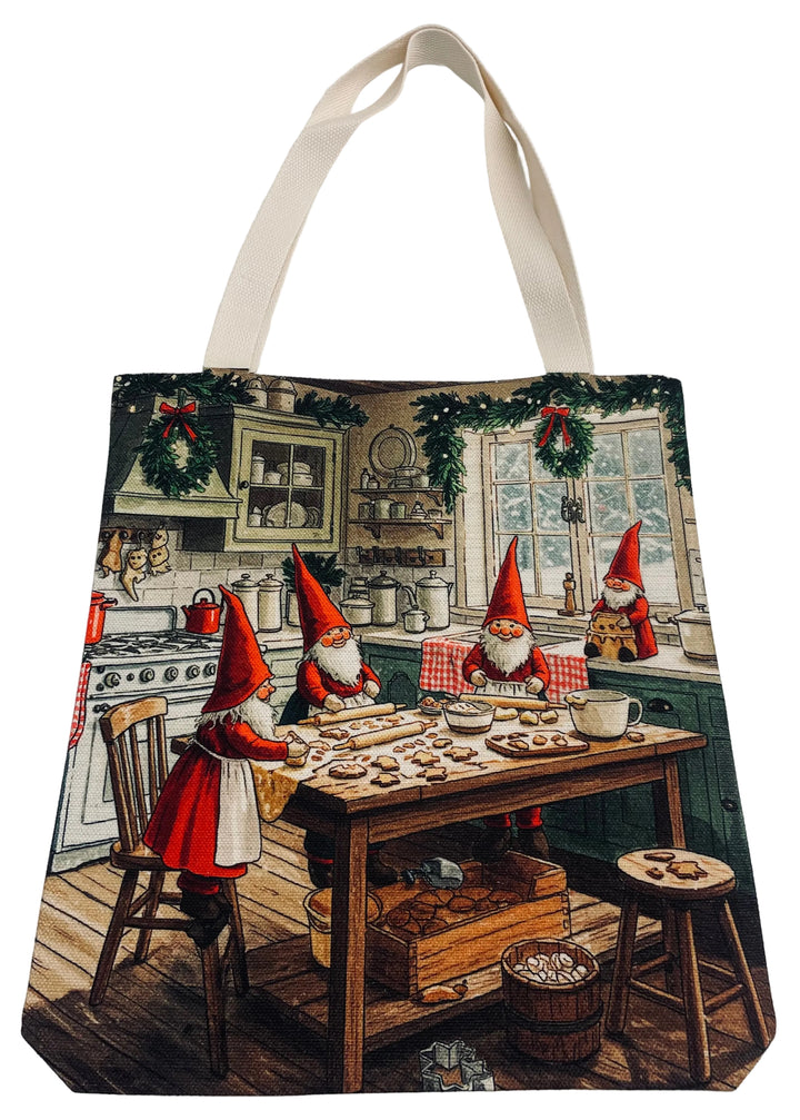 Linen look Tote bag Gnomes baking cookies