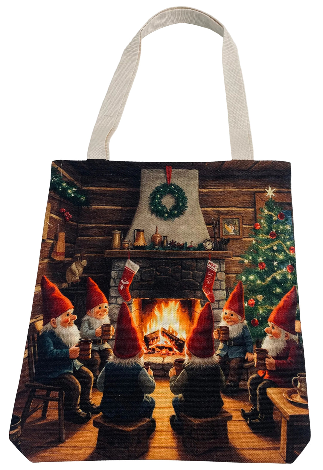 Linen look Tote bag Gnomes by the fireplace