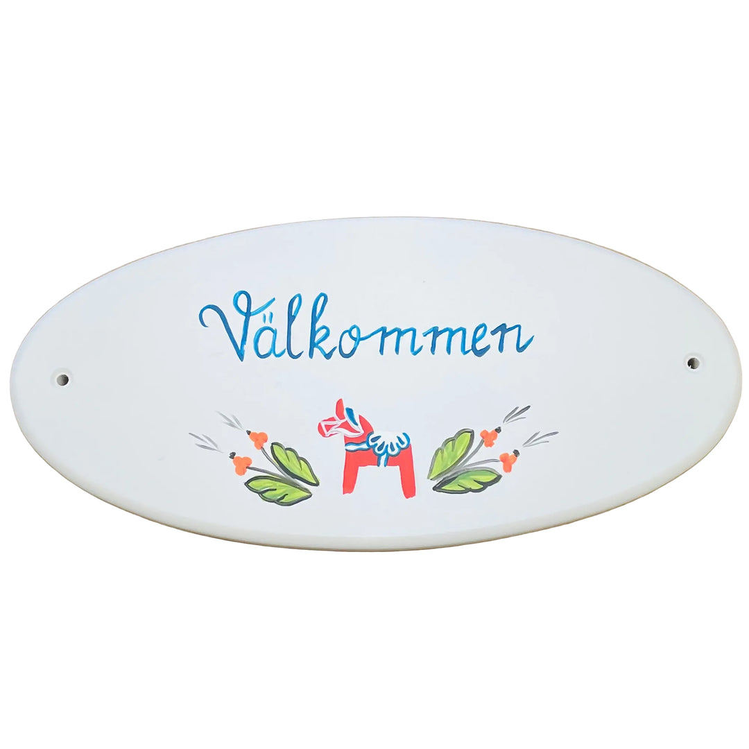 Oval Wooden Sign - Välkommen with Dala horse