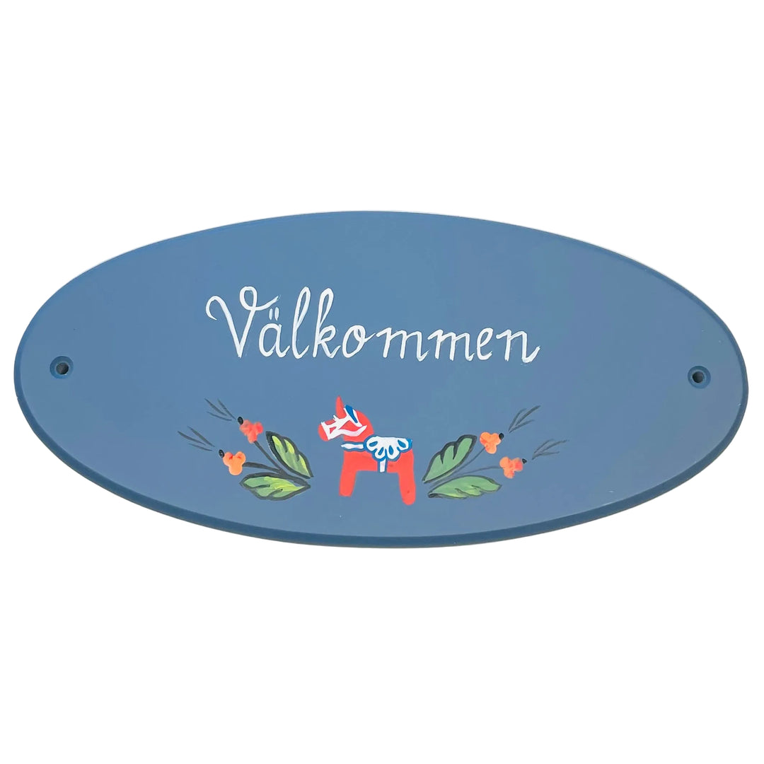 Oval Wooden Sign - Välkommen with Dala horse