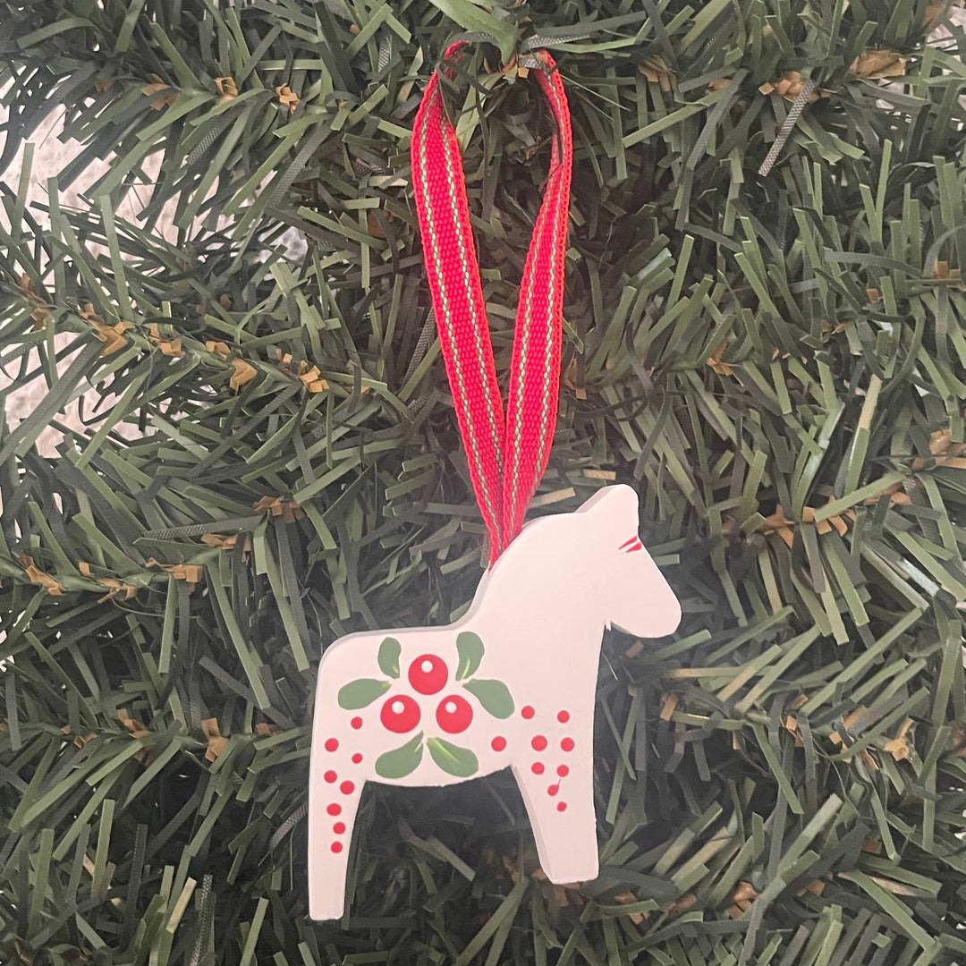 Dala Horse Ornament - White with Lingonberries