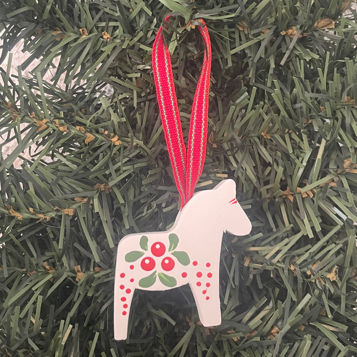 Dala Horse Ornament - White with Lingonberries