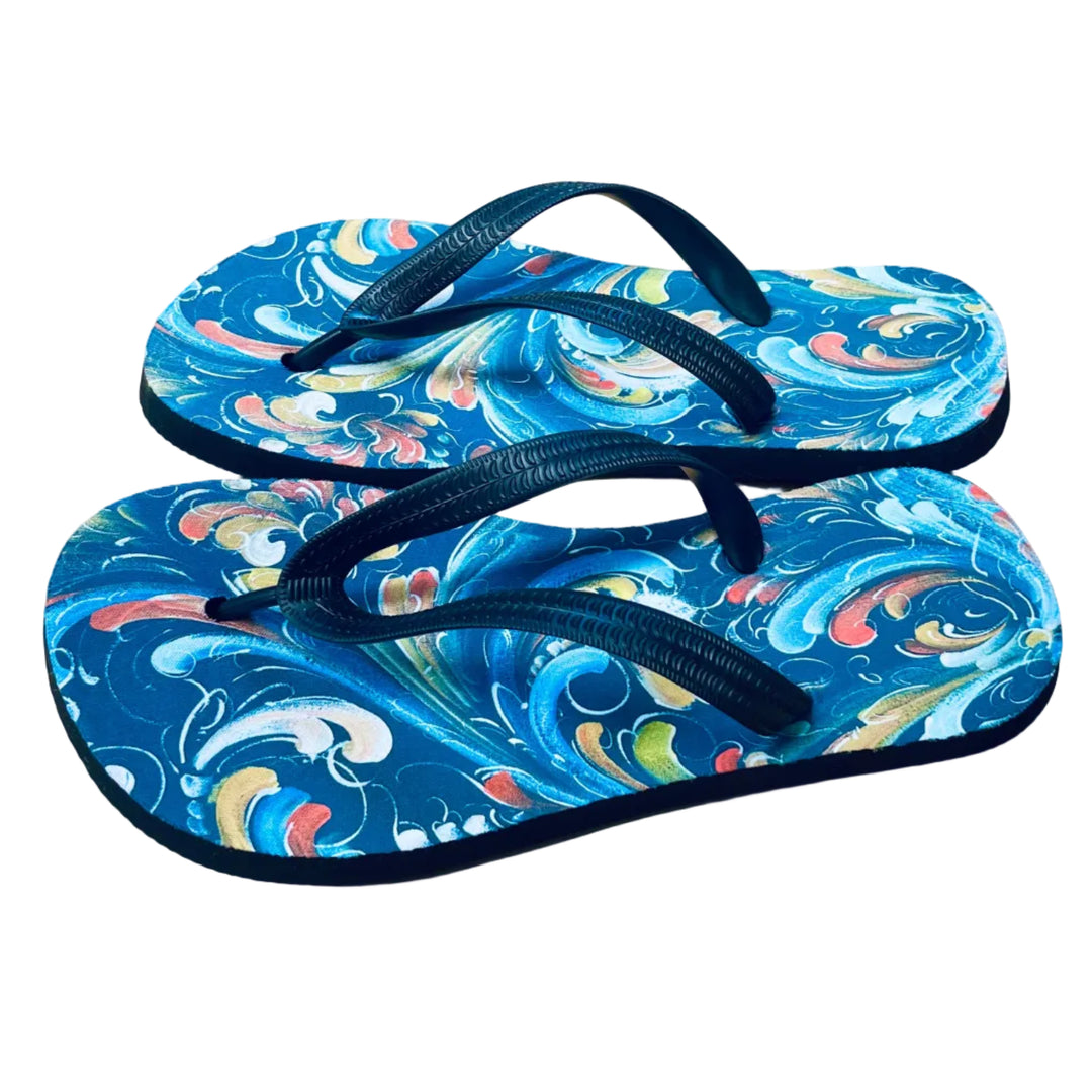 Flip Flop Sandals - Lise Lorentzen Blue Rosemaling