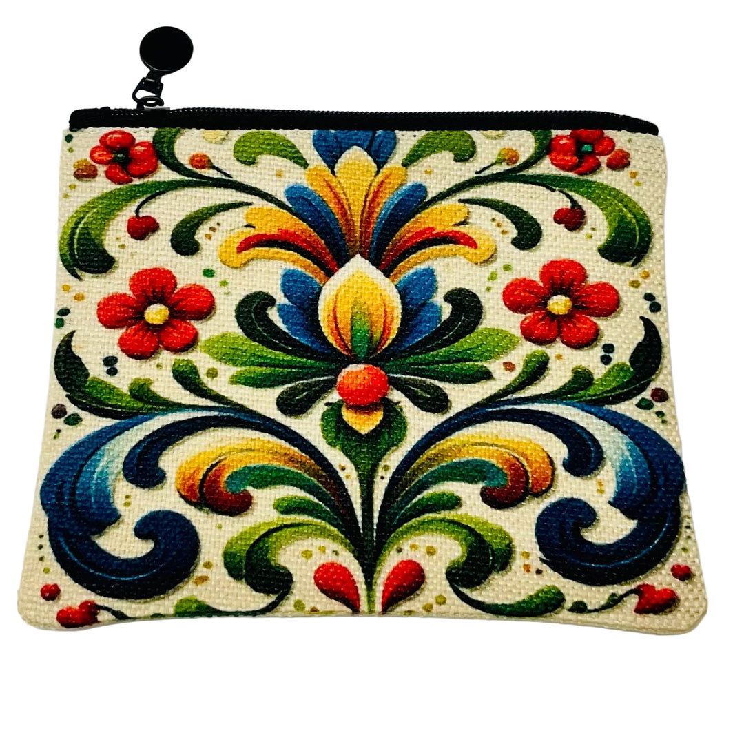 Zippered Pouch Coin Purse - Folk Art Flowers