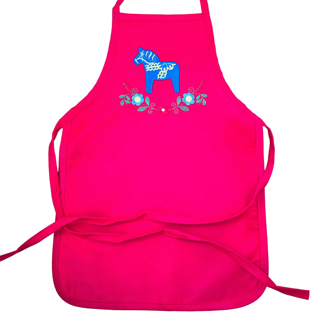 Children's Apron Embroidered Blue Dala horse & flowers