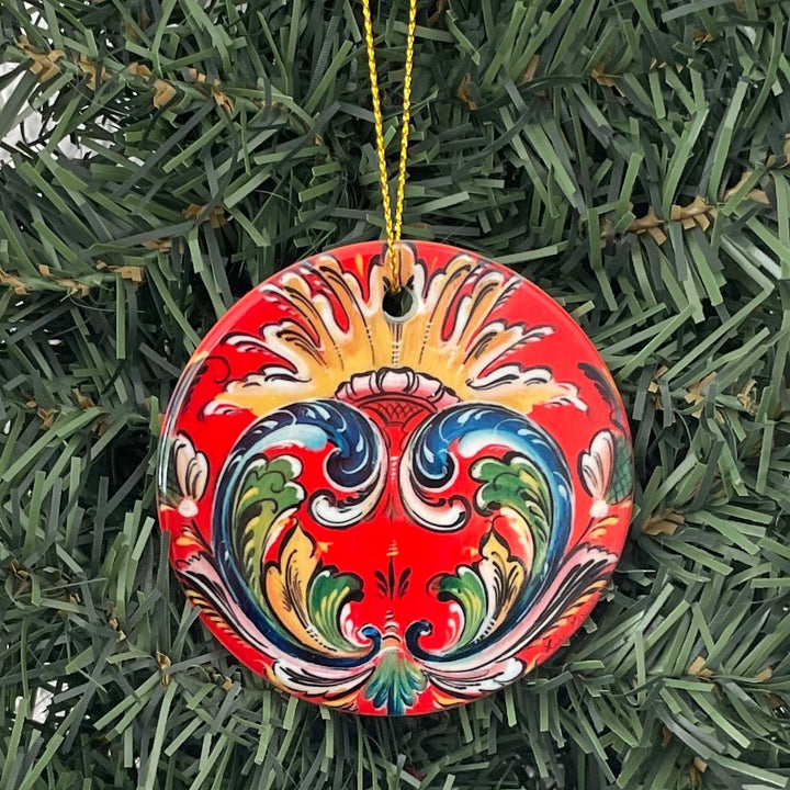 Ceramic ornament, Lise Lorentzen red rosemaling
