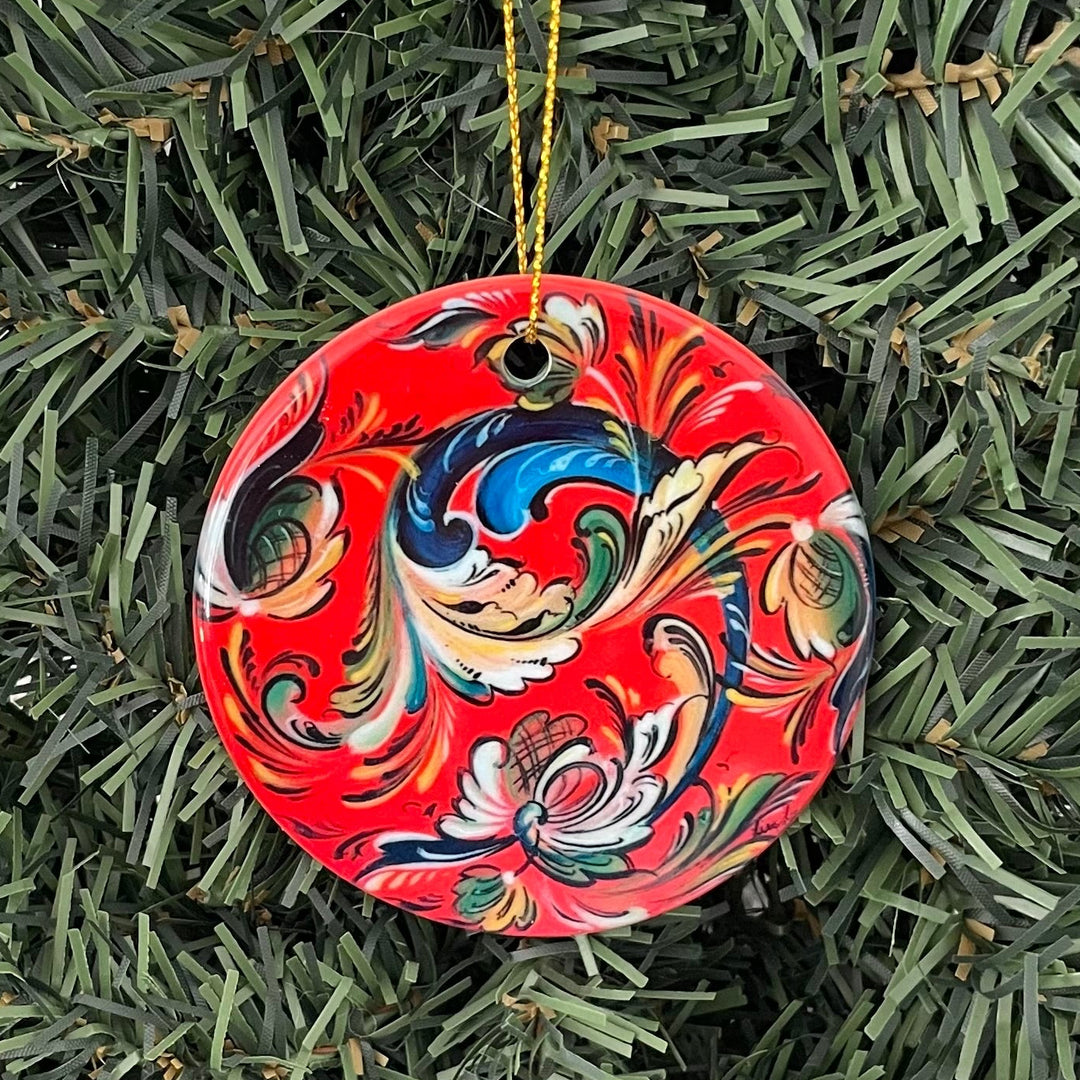 Ceramic ornament, Lise Lorentzen red rosemaling