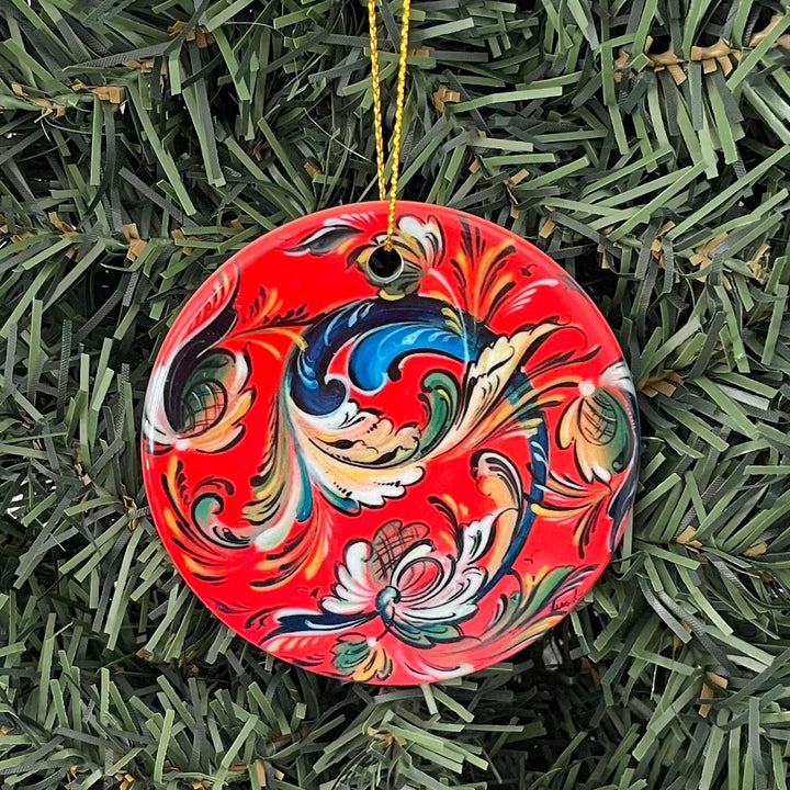 Ceramic ornament, Lise Lorentzen red rosemaling