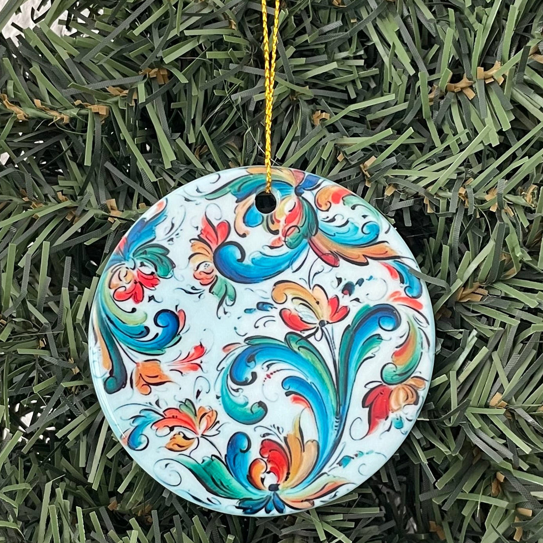 Ceramic ornament, Lise Lorentzen blue rosemaling