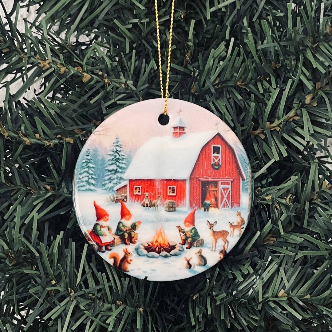 Ceramic Ornament, Gnomes & Animals at red barn