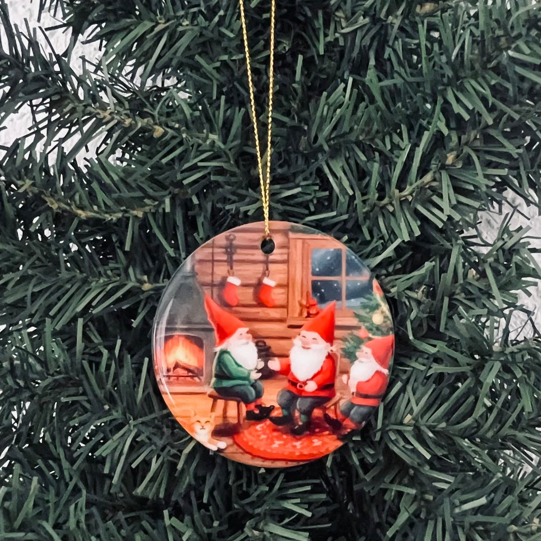 Ceramic Ornament, Gnome & cat by the fire